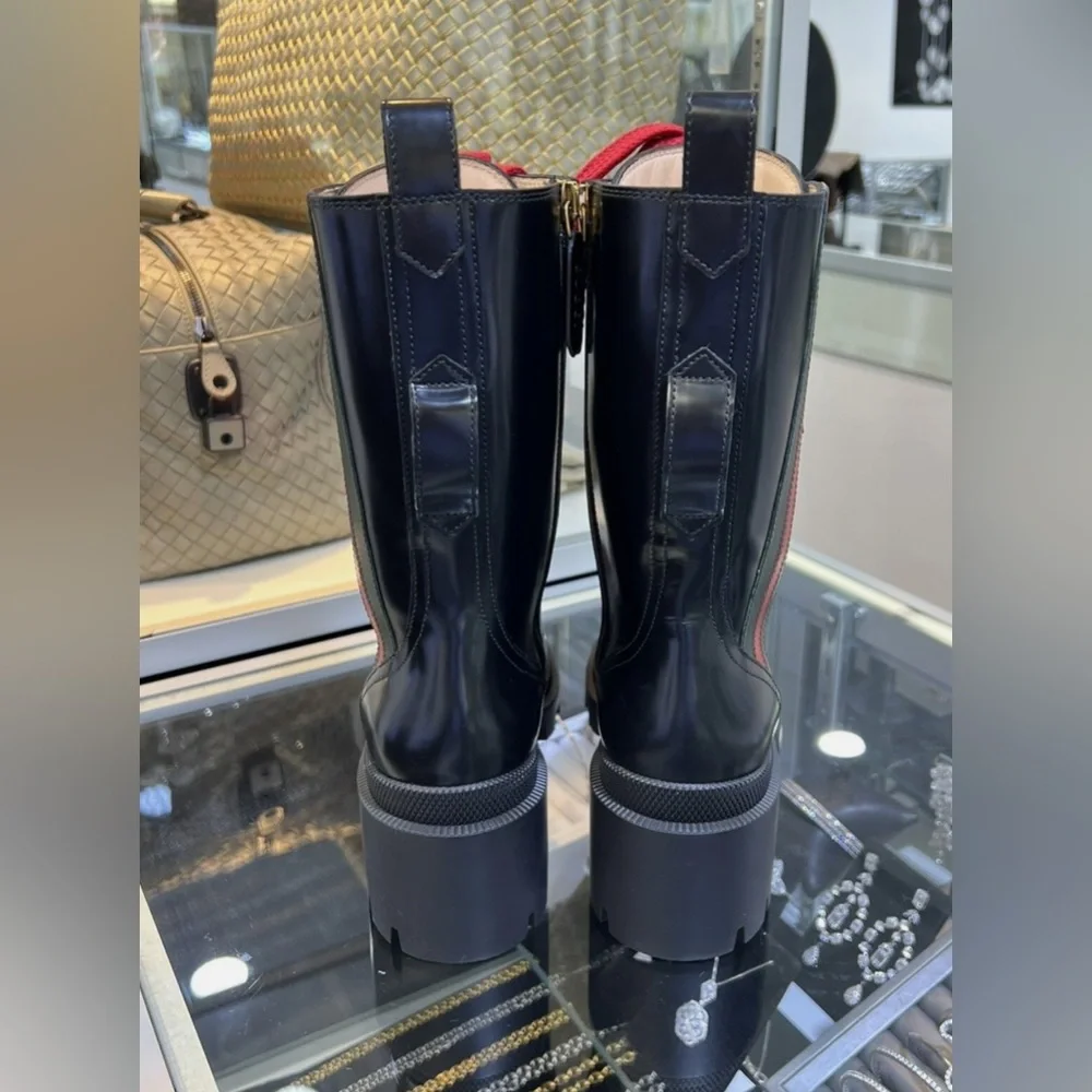 New GUCCI Black Leather Sylvie Web Stripe Lace Up Combat Boots Size 36.5 - Picture 3 of 13